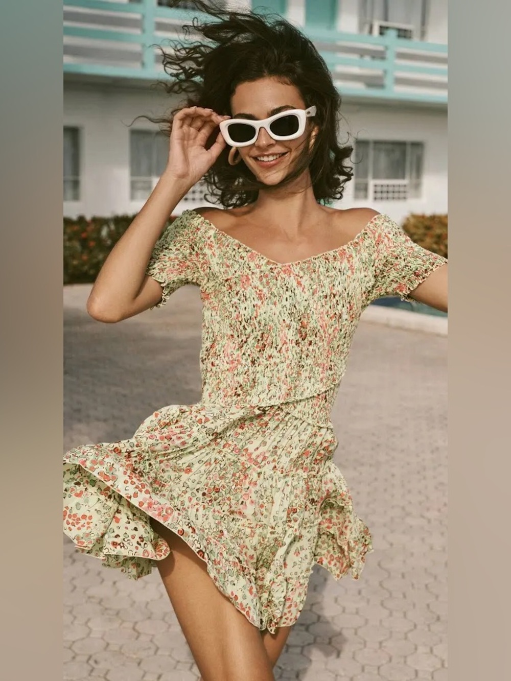 Poupette St Barth Soledad Smocked Off Shoulder Mini Dress Green Murrina Floral S